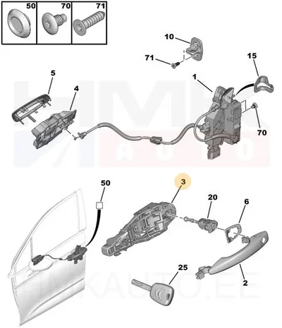 Oven ulkokahvan mekanismi, vasen etuovi/oikea liukuovi/vasen takaovi OEM Citroen/Peugeot - PSA  9109E4 - OE - 100% Genuine Part