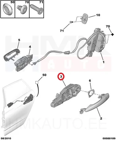 Oven ulkokahvan mekanismi, taka vasen OEM Citroen C4 II - PSA  9109G4 - OE - 100% Genuine Part