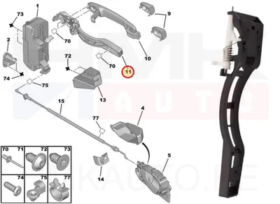 Oven ulkokahvan mekanismi, taka vasen OEM Peugeot 307 - PSA  910956 - OE - 100% Genuine Part