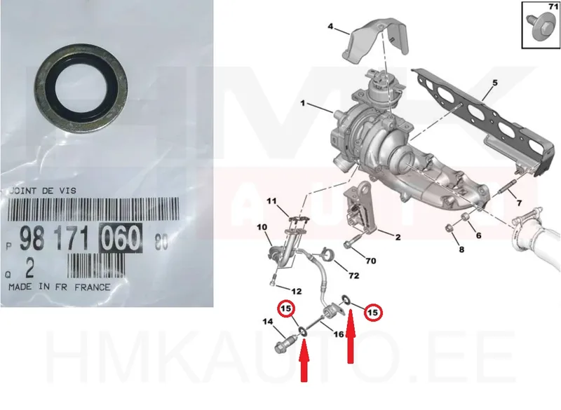 Turbo õlitustoru tihend OEM Citroen/Peugeot 2,0HDI DW10 - PSA 9817106080 - OE - 100% Genuine Part