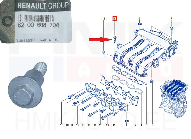 Sisselaskekollektori kinnituspolt OEM Renault/Dacia - REN 8200668704 - OE - 100% Genuine Part
