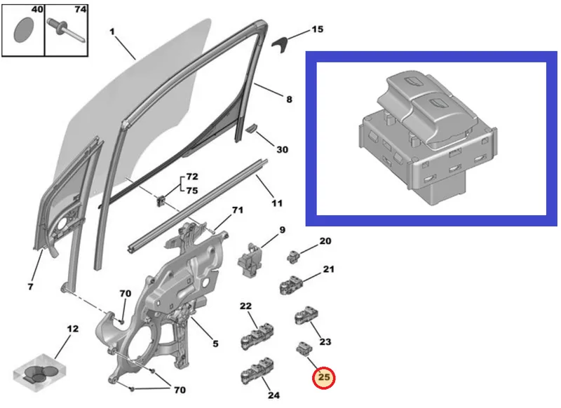 Klaasitõstuki lüliti vasak eesmine OEM Berlingo(K9) ,C3 III,C4 Cactus,Jumpy(K0) / 208 II,Expert(K0),Partner(K9) - PSA 98016298ZD - OE - 100% Genuine Part